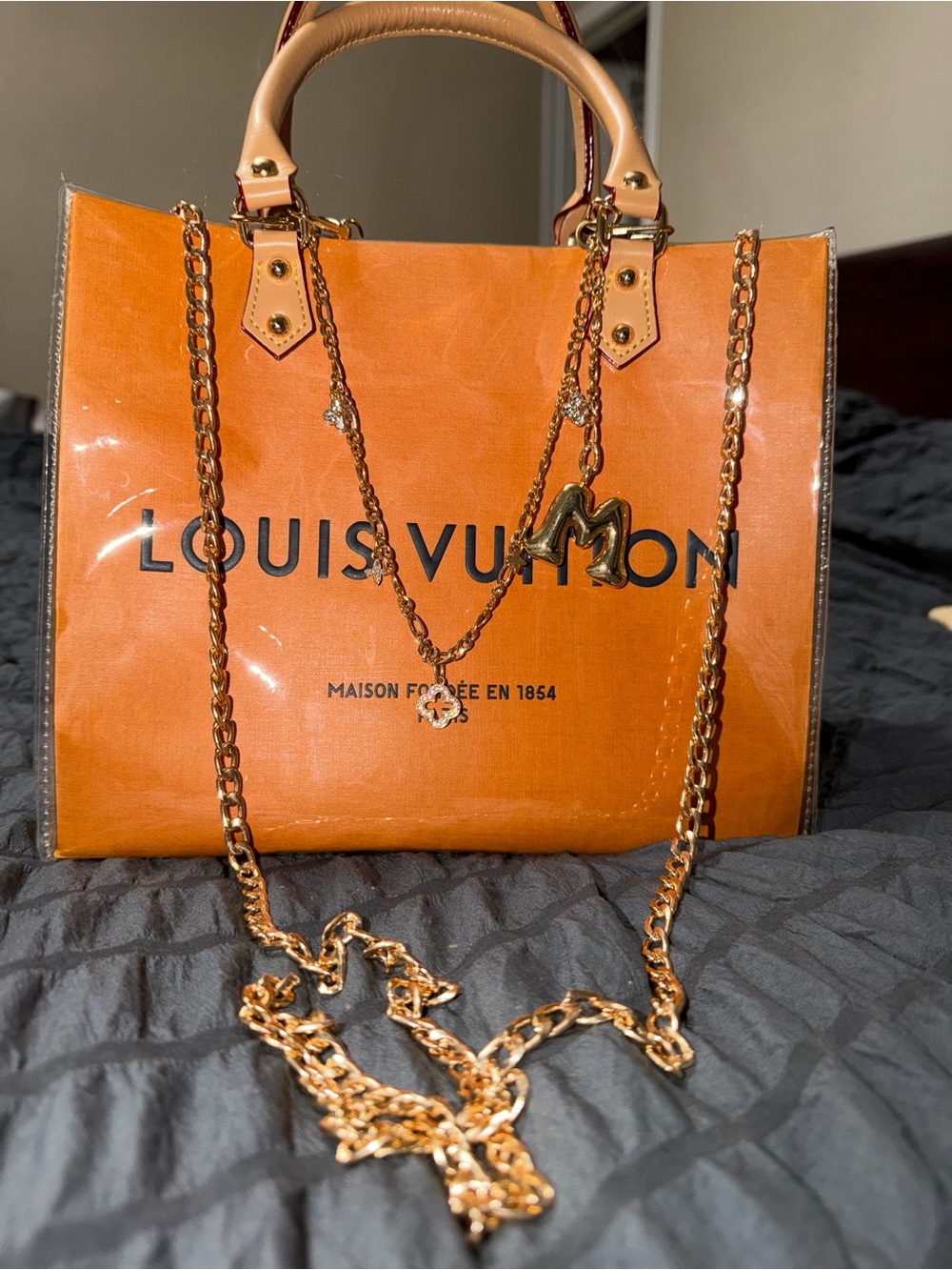 Upcycled Tote Bag with Gold Chain Accent